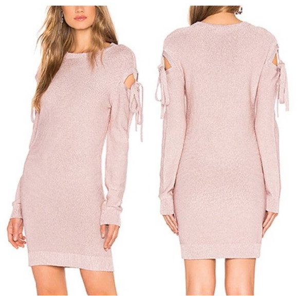Lovers + Friends Pink Dress Sweater Ezra Tie Metallic Cold Shoulder Mini New XS - Picture 2 of 10